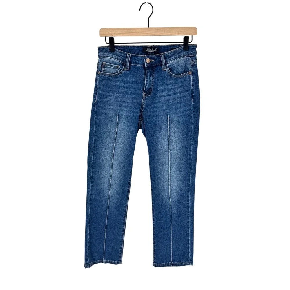 Judy‎ Blue Straight Leg Jeans Blue 7/28 High Rise Seam Detail Stretch Denim